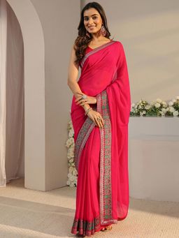 Libas - Pink Solid Saree with Unstitched Blouse