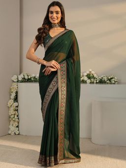 Libas - Green Solid Saree with Unstitched Blouse
