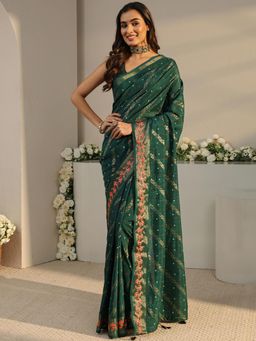 Libas - Green Bandhani Printed Saree with Unstitched Blouse
