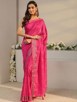 Libas - Pink Bandhani Printed Saree with Unstitched Blouse