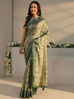 Libas - Green Tribal Printed Saree with Unstitched Blouse