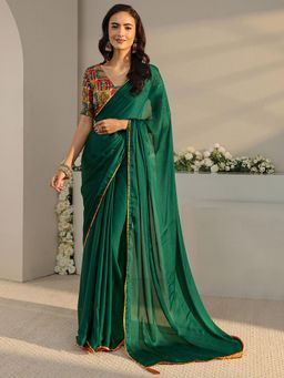 Libas - Green Solid Saree with Unstitched Blouse