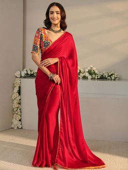 Libas - Red Solid Saree with Unstitched Blouse