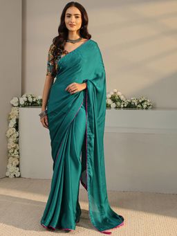 Libas - Teal Solid Saree with Unstitched Blouse