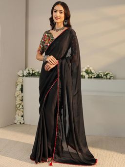 Libas - Black Solid Saree with Unstitched Blouse