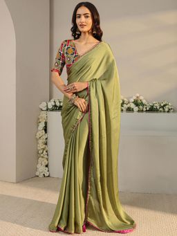 Libas - Olive Solid Saree with Unstitched Blouse
