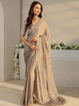 Libas - Beige Solid Saree with Unstitched Blouse