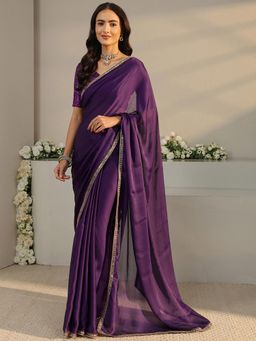 Libas - Purple Solid Saree with Unstitched Blouse