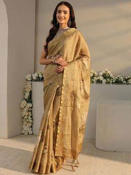 Libas - Gold Animal Printed Saree with Unstitched Blouse