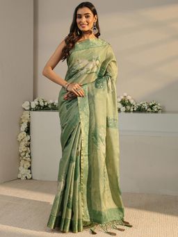 Libas - Green Animal Printed Saree with Unstitched Blouse