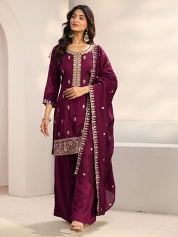 Libas - Burgundy Floral Embroidered Straight Kurta and Palazzo with Dupatta