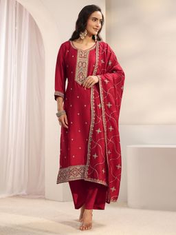 Libas - Red Ethnic Embroidered Kurta and Trouser with Dupatta