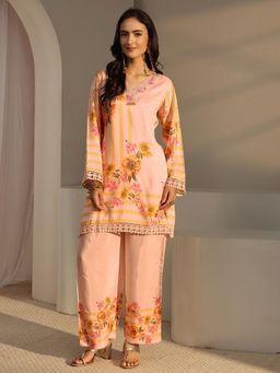 Libas - Peach Floral Printed Straight Kurta with Palazzo