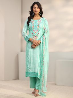 Libas - Turquoise Floral Printed Embroidered Kurta with Trouser and Dupatta