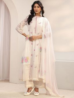 Libas - White Floral Embroidered A-Line Flared Kurta with Palazzo and Dupatta