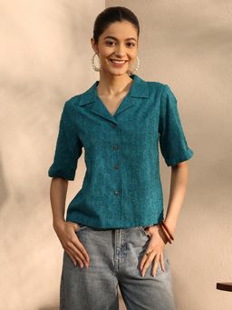 Libas - Teal Floral Thread Work Panelled Shirt