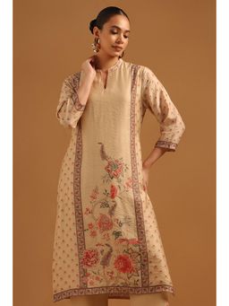 Soch - Womens Beige Muslin Botanical Kurta with Sequins Details