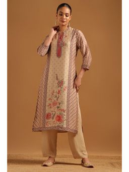 Soch - Womens Beige Muslin Kurta with Hand Embroidery Details