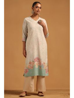 Soch - Womens Off White Cotton Linen Floral Kurta