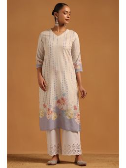 Soch - Womens Off White Cotton Linen Floral Kurta