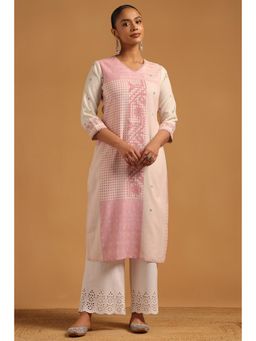 Soch - Womens Blush Pink Cotton Linen Ethnic Motifs Kurta