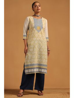 Soch - Womens Light Yellow Cotton Linen Floral Kurta