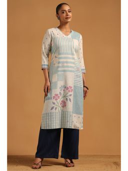 Soch - Womens Turquoise Blue Cotton Linen Botanical Kurta