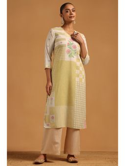 Soch - Womens Mustard Cotton Linen Floral Kurta