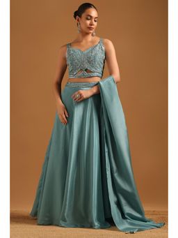 Soch - Turquoise Blue Crepe Botanical Lehenga, Choli with Dupatta and Unstitched Sleeves