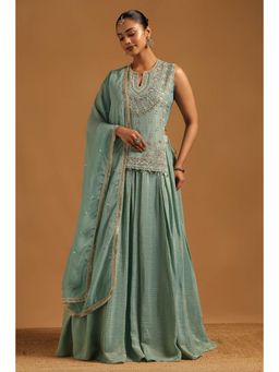 Soch - Turquoise Blue Tissue Lehenga, Choli with Dupatta and Unstitched Sleeves