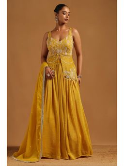 Soch - Mustard Embroidery and Bead Stone Lehenga, Choli with Dupatta and Unstitched Sleeves