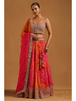 Soch - Multicolour Dori Embroidery Bandhani Lehenga, Choli with Dupatta and Unstitched Sleeves