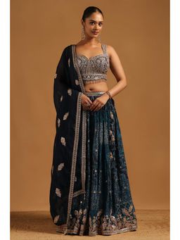 Soch - Teal Blue Embroidery and Sequins Lehenga, Choli with Dupatta and Unstitched Sleeves
