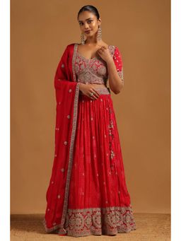 Soch - Womens Red Dori Embroidery and Sequin Bandhani Lehenga and Choli with Dupatta
