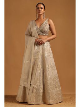 Soch - Beige Embroidery and Mirror Stone Lehenga, Choli with Dupatta and Unstitched Sleeves