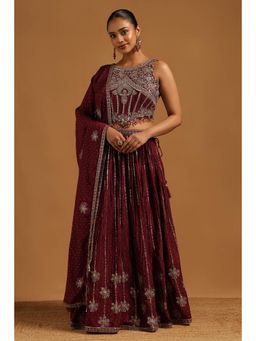 Soch - Maroon Embroidery and Mirror Stone Lehenga, Choli with Dupatta and Unstitched Sleeves