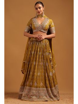 Soch - Olive Tissue Embroidery and Stone and Sequin Lehenga and Choli with Dupatta