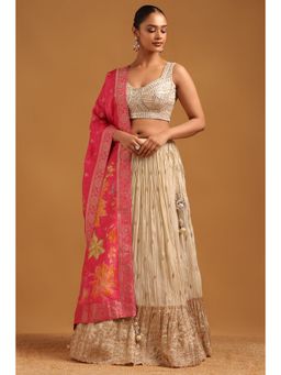 Soch - Cream Embroidery and Mirror Work Lehenga, Choli with Dupatta and Unstitched Sleeves