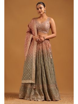 Soch - Peach Embroidery and Mirror Stone Lehenga, Choli with Dupatta and Unstitched Sleeves