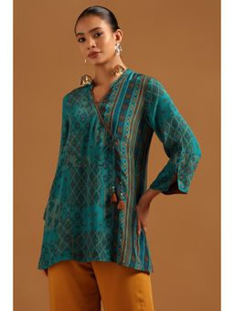 Soch - Womens Teal Crepe Tunic with Ajrak