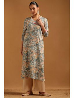 Soch - Womens Turquisouse Rayon Kurta with Floral Print Thread Work
