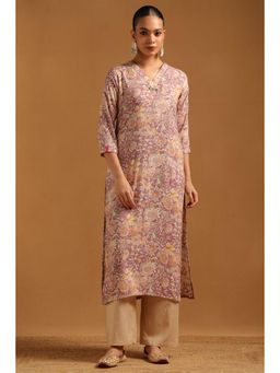 Soch - Womens Pink Rayon Kurta with Floral Print Thread Work