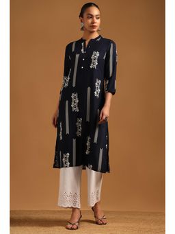 Soch - Womens Navy Blue Rayon Botanical Kurta