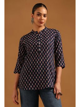 Soch - Womens Navy Blue Cotton Tunic with Botanical