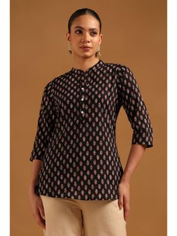Soch - Womens Black Cotton Tunic with Botanical
