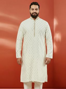 Vastramay - Silk Blend Jacquard Kurta with Lace Detail for Men-Cream