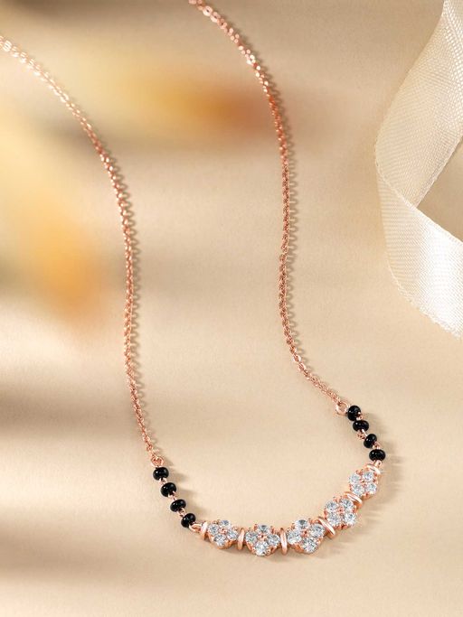 18k Rose Gold Plated Traditional Single Line American Diamond Pendant with Black Bead Chain Mangalsutra for Women main image 0