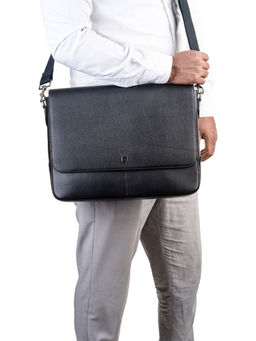 REVUP - Black Classic Leather Messenger Bag With Detachable Strap