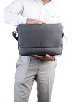 REVUP - Navy Blue Classic Leather Messenger Bag With Detachable Strap