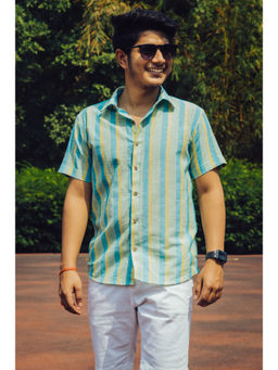 JAVINISHKA - Blue and Yellow Striped Cotton Linen Slim Fit Shirt